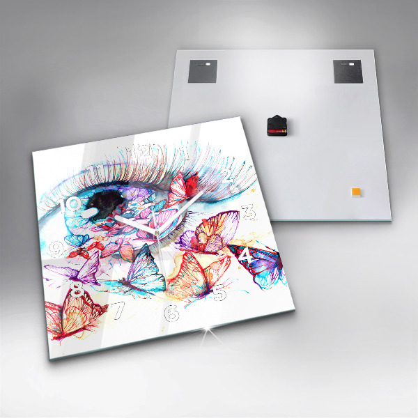 Ceas pătrat de perete din sticlă Ochi de fluture colorat