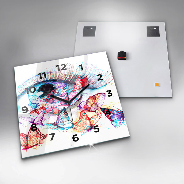 Ceas pătrat de perete din sticlă Ochi de fluture colorat