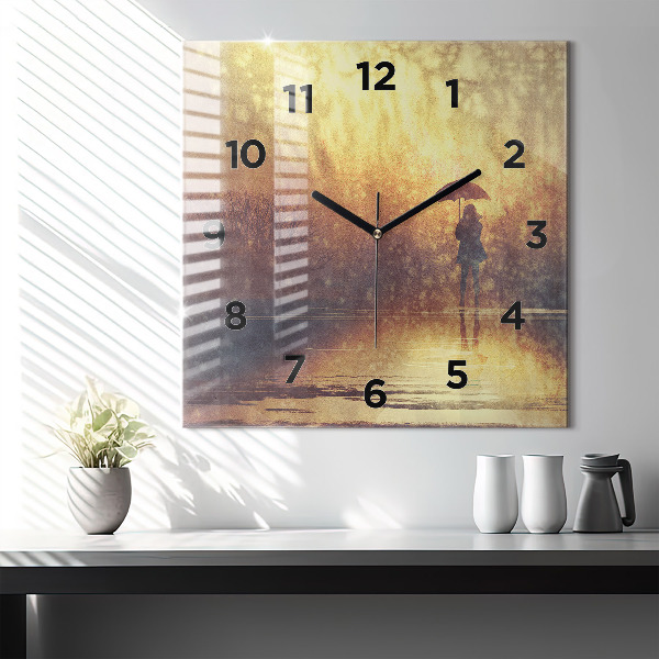 Ceas pătrat de perete din sticlă femeie cu umbrelă