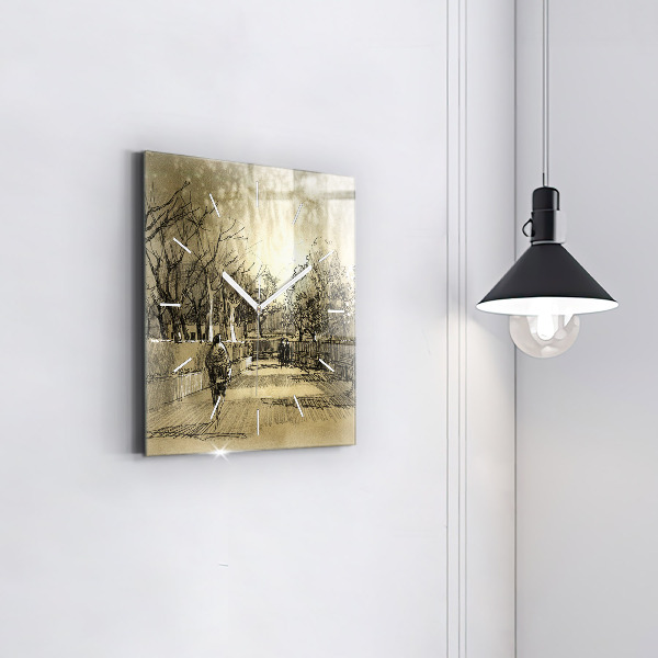 Ceas pătrat de perete din sticlă Parc și copaci în sepia