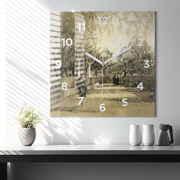 Ceas pătrat de perete din sticlă Parc și copaci în sepia