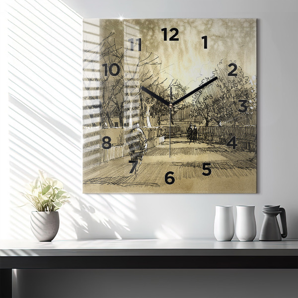 Ceas pătrat de perete din sticlă Parc și copaci în sepia