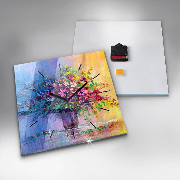 Ceas pătrat de perete din sticlă Flori într-o vază