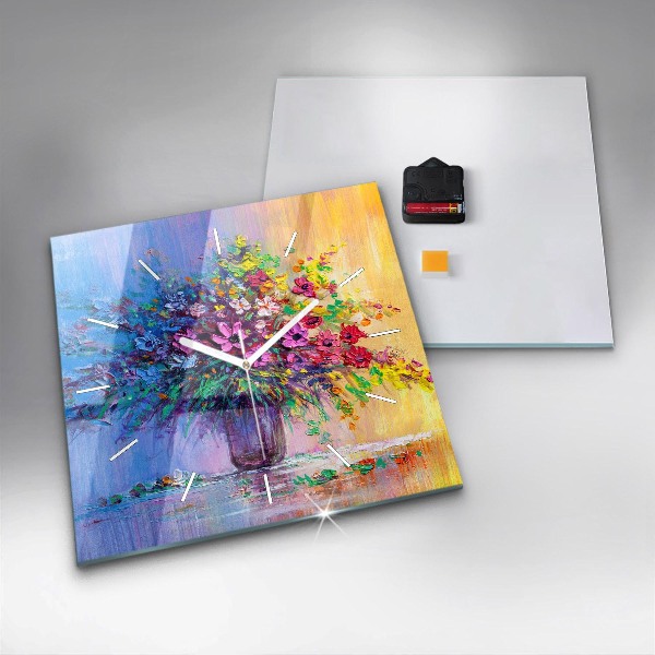 Ceas pătrat de perete din sticlă Flori într-o vază