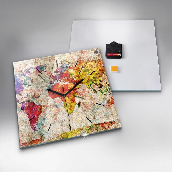 Ceas pătrat de perete din sticlă Harta lumii colorate