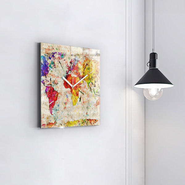 Ceas pătrat de perete din sticlă Harta lumii colorate