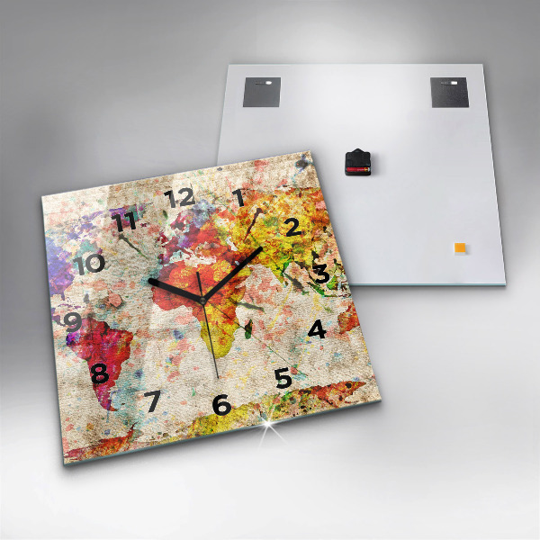 Ceas pătrat de perete din sticlă Harta lumii colorate