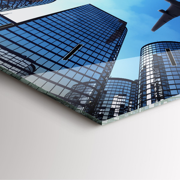 Ceas pătrat de perete din sticlă Avionul deasupra clădirilor