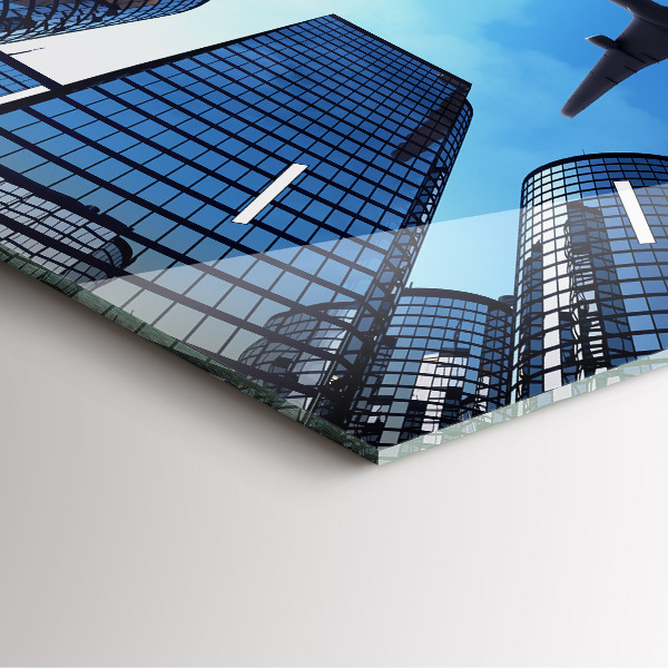 Ceas pătrat de perete din sticlă Avionul deasupra clădirilor