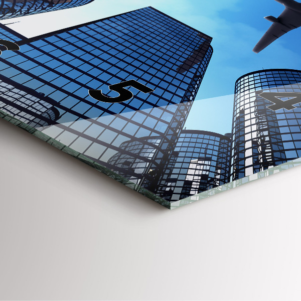 Ceas pătrat de perete din sticlă Avionul deasupra clădirilor