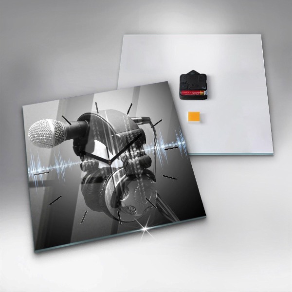 Ceas pătrat de perete din sticlă Microfon și căști
