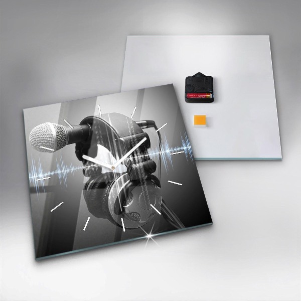 Ceas pătrat de perete din sticlă Microfon și căști