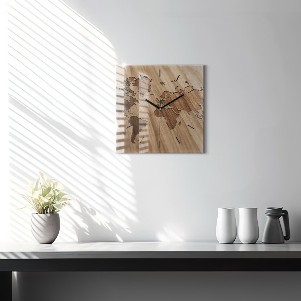 Ceas pătrat de perete din sticlă Harta lumii pe lemn