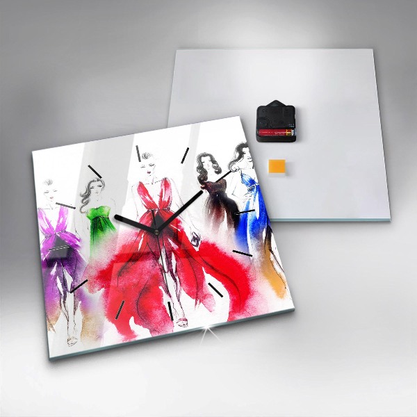 Ceas pătrat de perete din sticlă Femei în rochii colorate