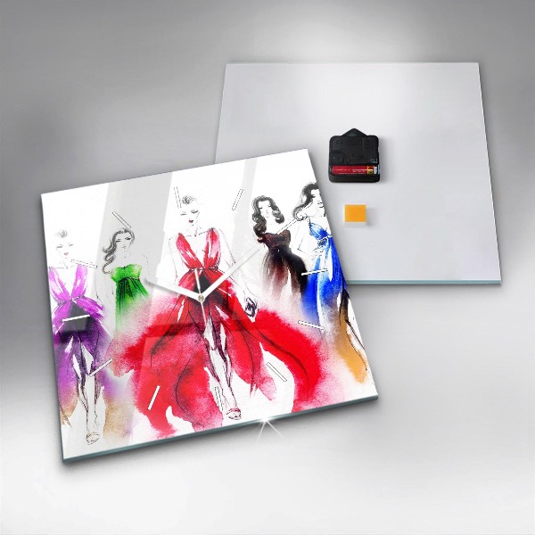 Ceas pătrat de perete din sticlă Femei în rochii colorate