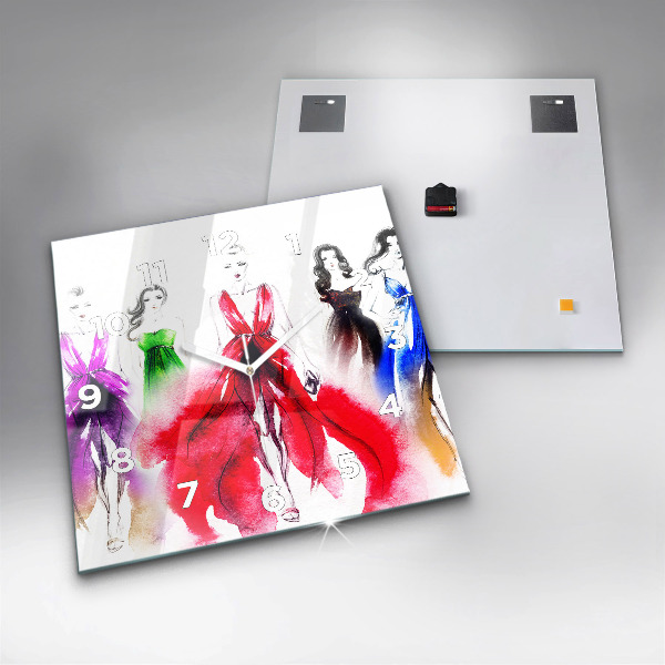 Ceas pătrat de perete din sticlă Femei în rochii colorate
