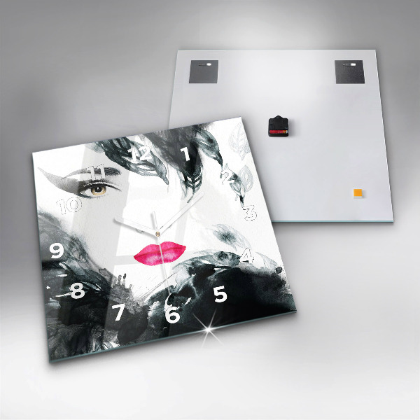 Ceas pătrat de perete din sticlă Portret de femeie cu buze roșii