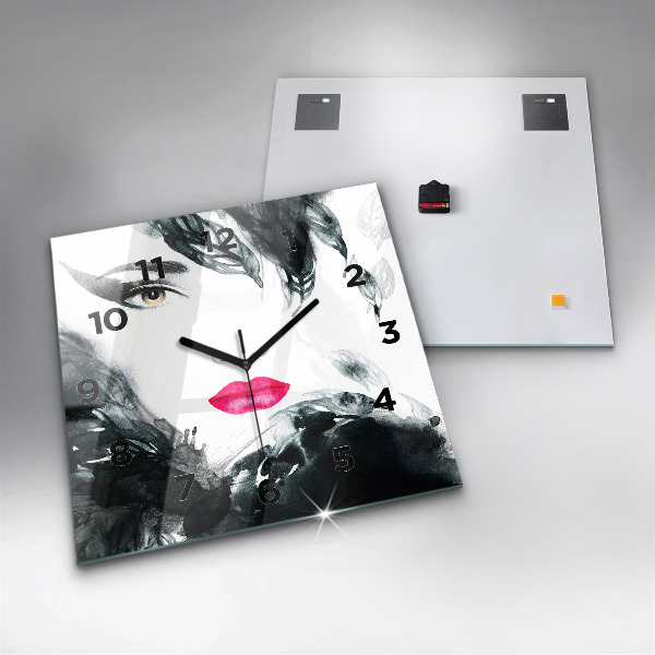 Ceas pătrat de perete din sticlă Portret de femeie cu buze roșii