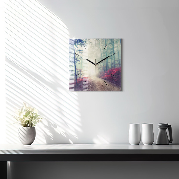 Ceas pătrat de perete din sticlă Drum de toamnă pădure ceață