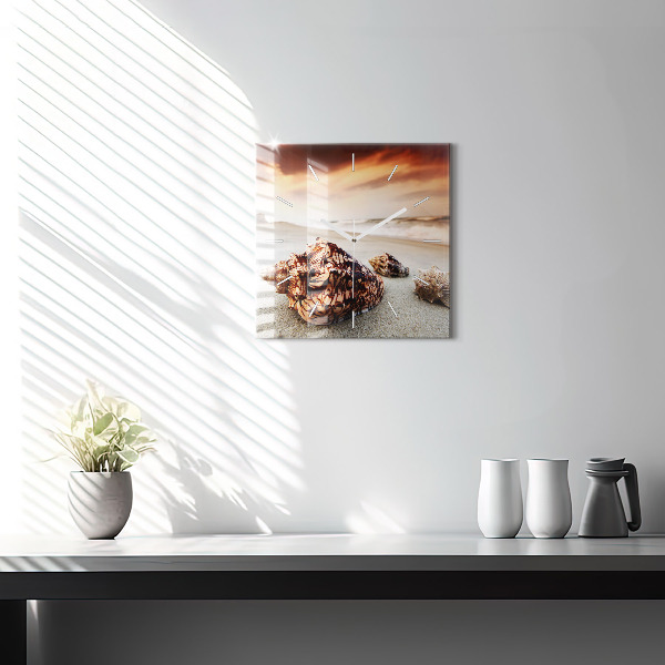 Ceas pătrat de perete din sticlă Scoici pe plajă