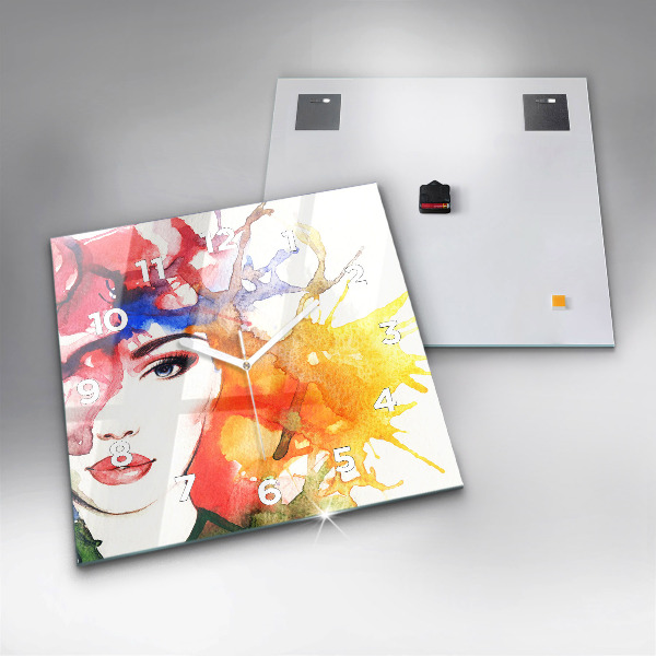 Ceas pătrat de perete din sticlă Portretul colorat al unei femei