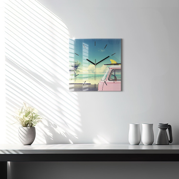 Ceas pătrat de perete din sticlă Mașină cu o placă de surf