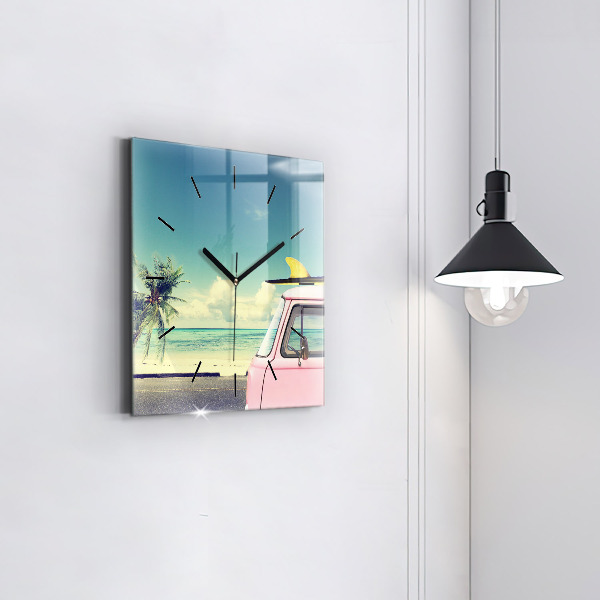 Ceas pătrat de perete din sticlă Mașină cu o placă de surf