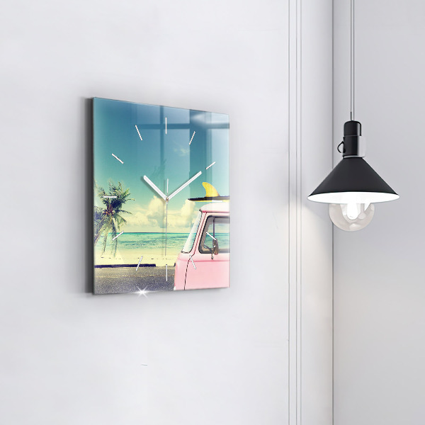 Ceas pătrat de perete din sticlă Mașină cu o placă de surf