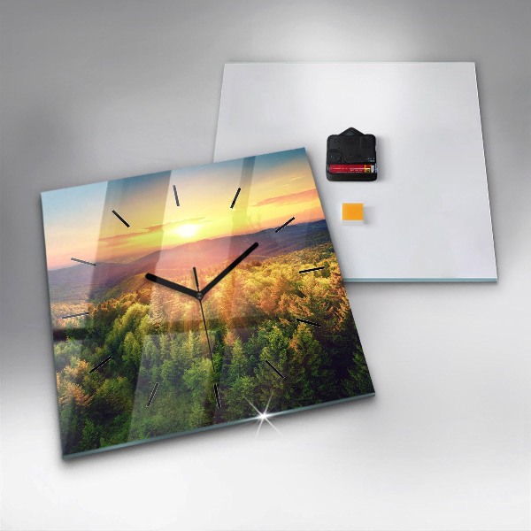 Ceas pătrat de perete din sticlă Apus peste dealuri