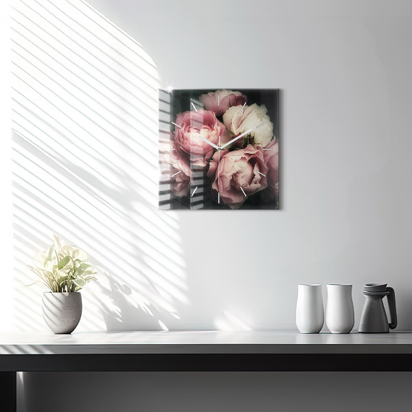 Ceas pătrat de perete din sticlă Buchet de trandafiri roz