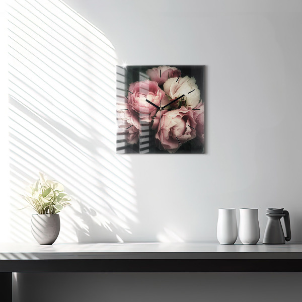 Ceas pătrat de perete din sticlă Buchet de trandafiri roz