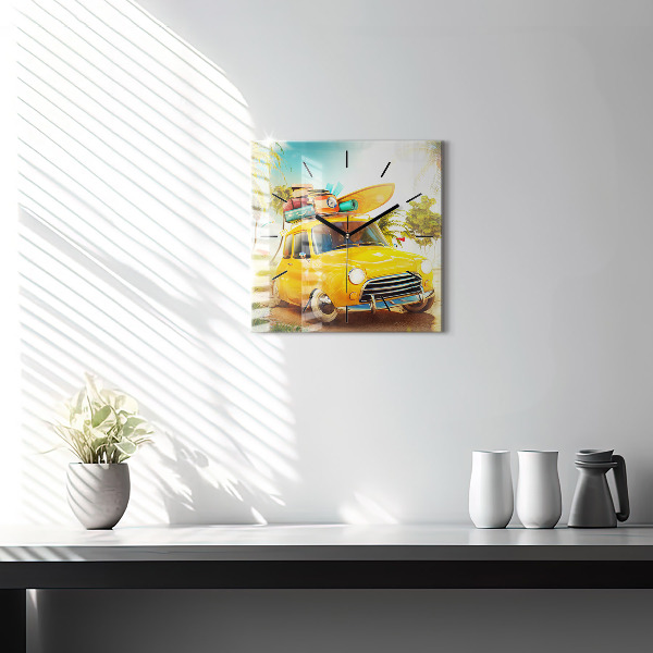 Ceas pătrat de perete din sticlă Mașină cu o placă de surf