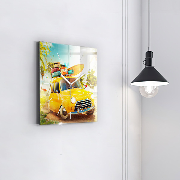 Ceas pătrat de perete din sticlă Mașină cu o placă de surf