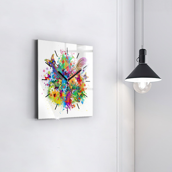 Ceas pătrat de perete din sticlă Armonie florală cu fluturi