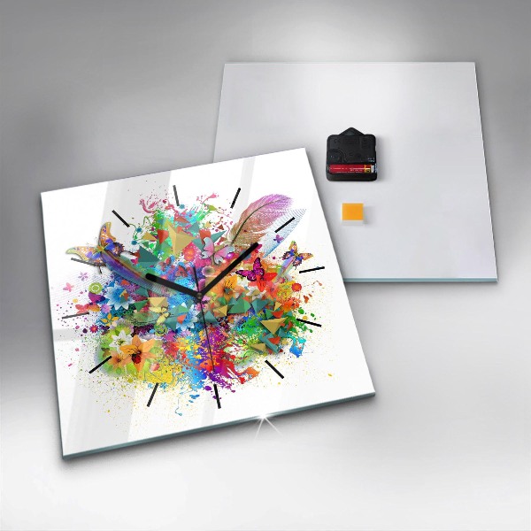Ceas pătrat de perete din sticlă Armonie florală cu fluturi
