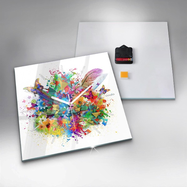 Ceas pătrat de perete din sticlă Armonie florală cu fluturi