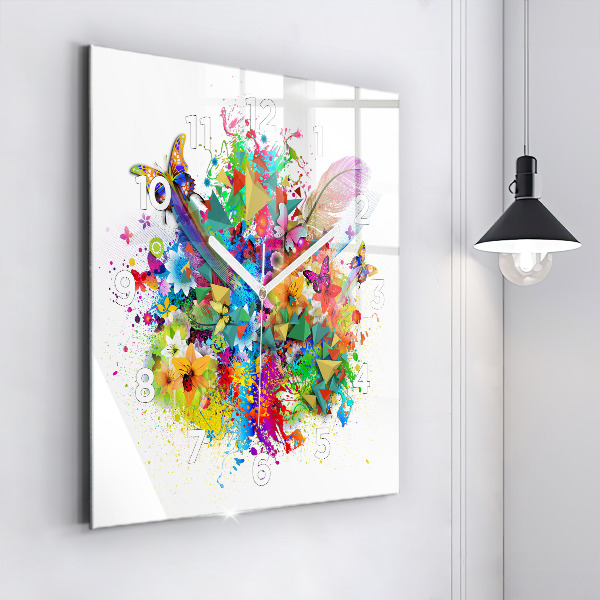 Ceas pătrat de perete din sticlă Armonie florală cu fluturi