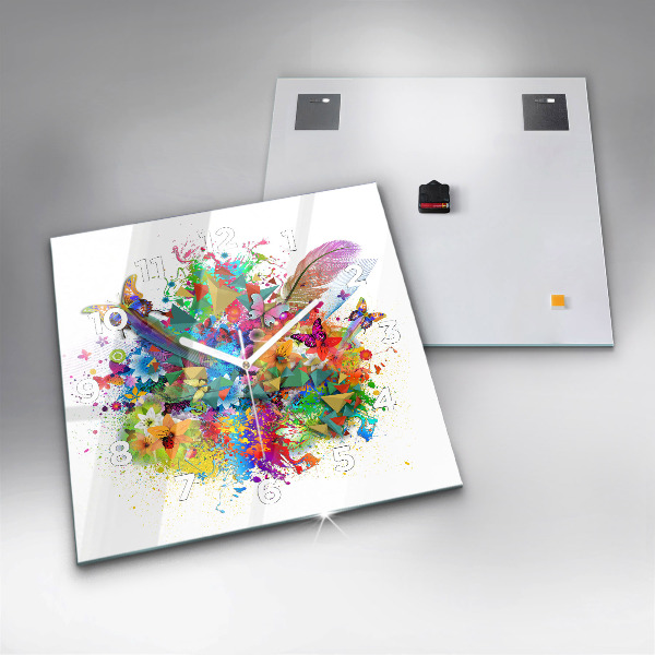 Ceas pătrat de perete din sticlă Armonie florală cu fluturi