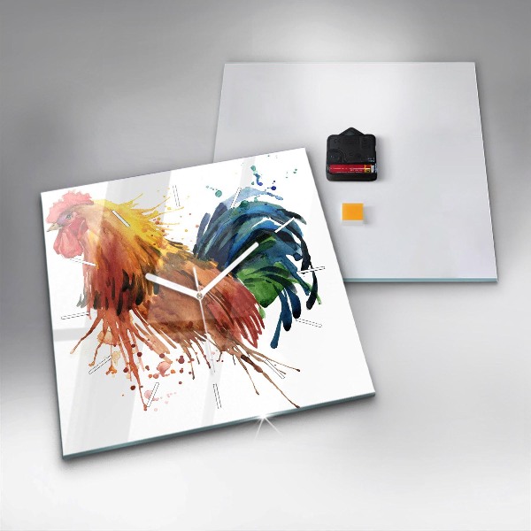 Ceas pătrat de perete din sticlă Cocoș colorat