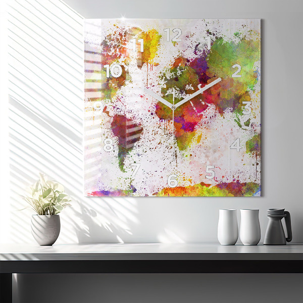 Ceas pătrat de perete din sticlă Harta lumii acuarela