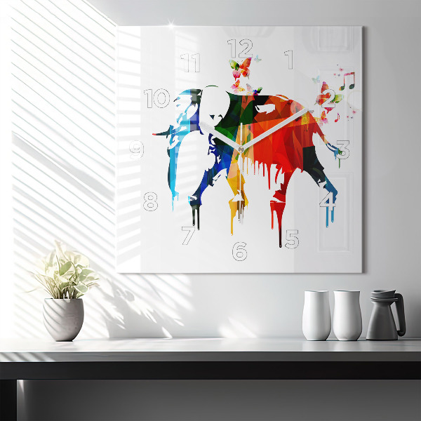 Ceas pătrat de perete din sticlă Elefant pictat colorat