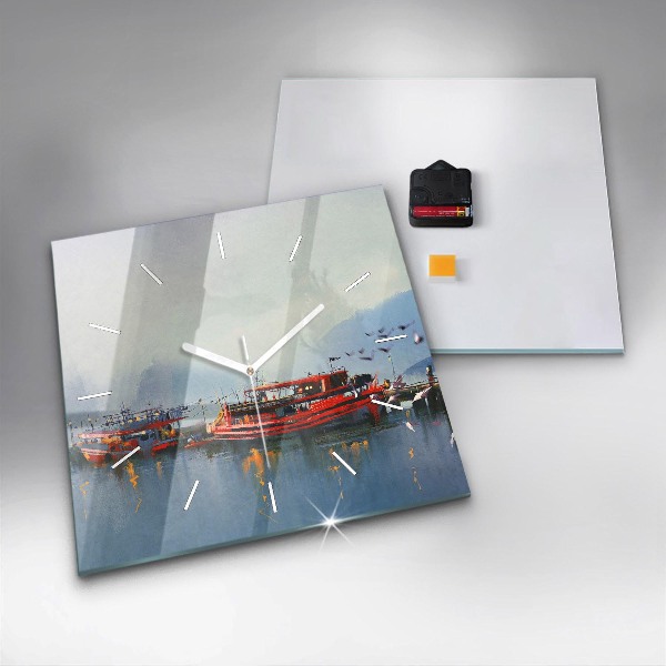 Ceas pătrat de perete din sticlă Barcă de pescuit în port