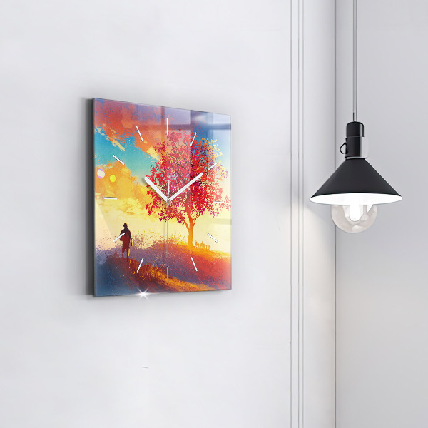 Ceas pătrat de perete din sticlă Peisaj de toamnă