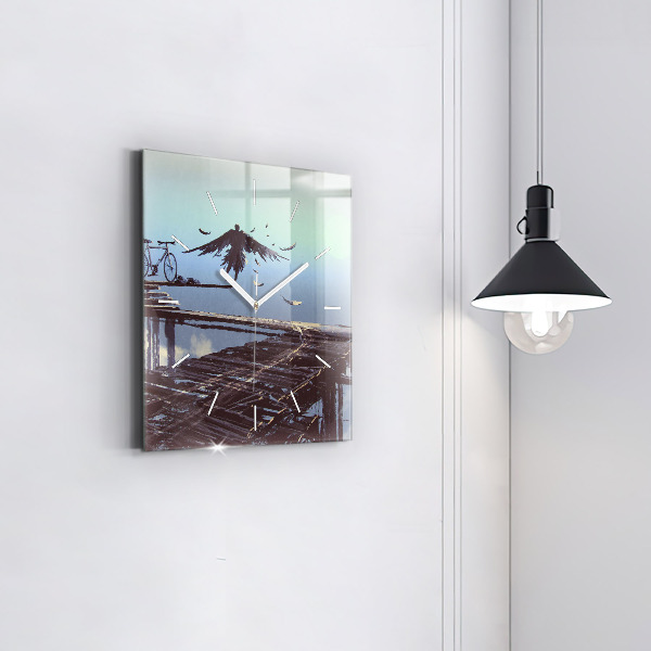 Ceas pătrat de perete din sticlă Înger, pod și bicicletă