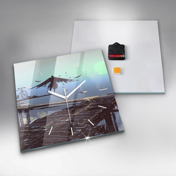 Ceas pătrat de perete din sticlă Înger, pod și bicicletă