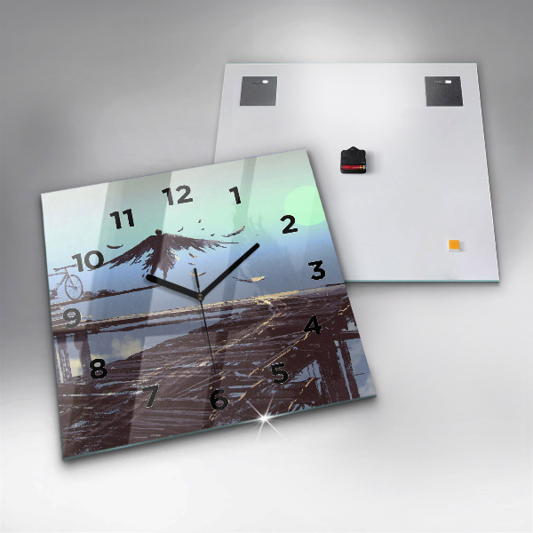 Ceas pătrat de perete din sticlă Înger, pod și bicicletă