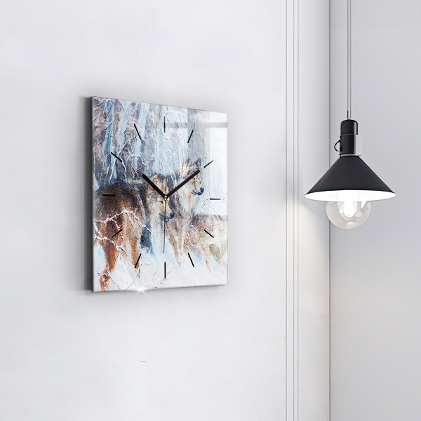 Ceas pătrat de perete din sticlă Lupi în pădure