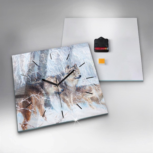 Ceas pătrat de perete din sticlă Lupi în pădure