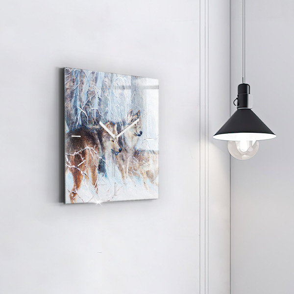 Ceas pătrat de perete din sticlă Lupi în pădure