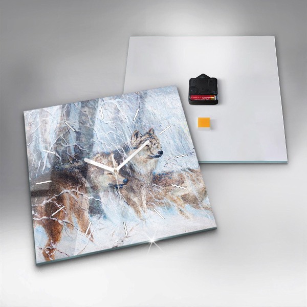 Ceas pătrat de perete din sticlă Lupi în pădure